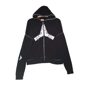 Lauren Moshi Koa Prayer Hands Hoodie Womens Black Full Zip Blanket Stitch M $220